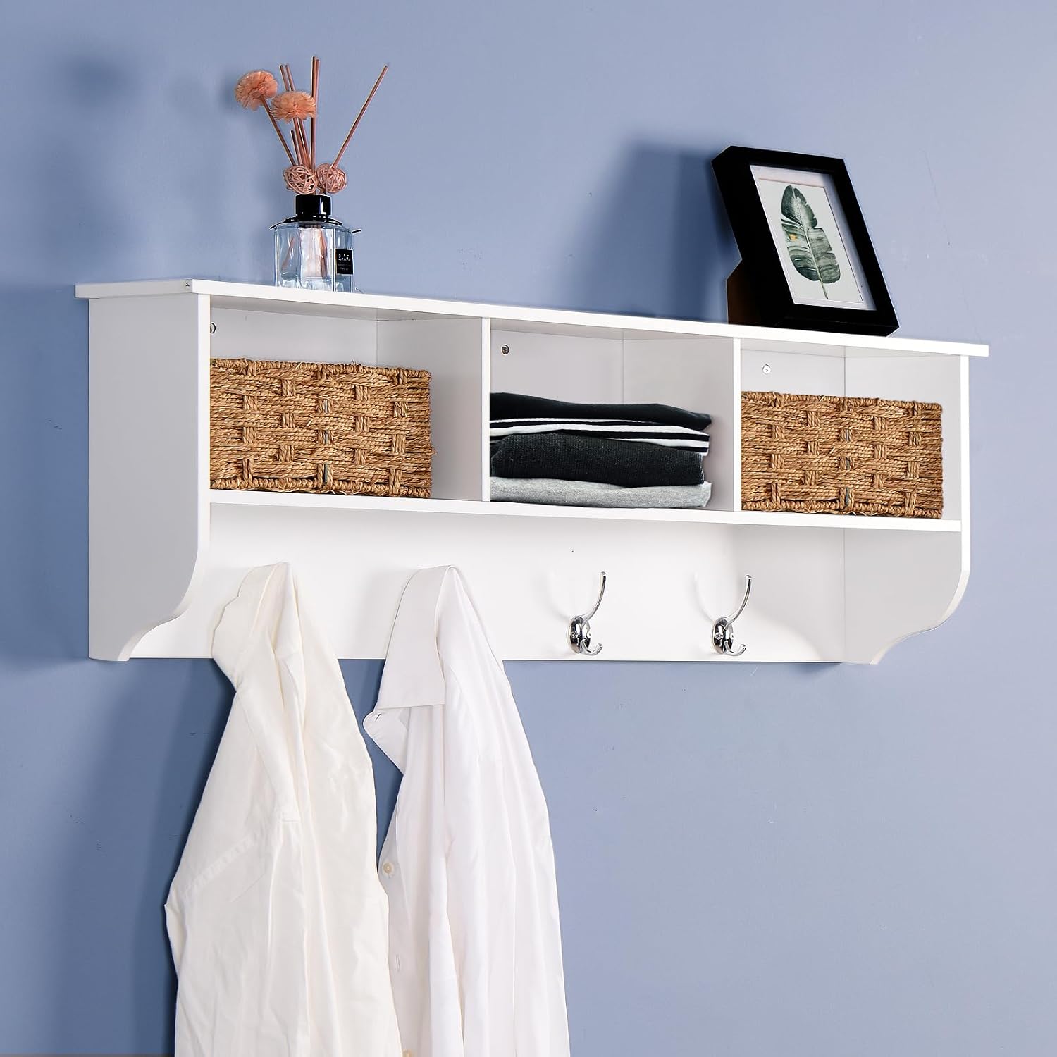 38.6" Contemporary Wall Mounted Coat Rack with Shelf, Entryway Hanging Coat Rack with 3 Shelves, Wall Shelf with 4 Dual Hooks for Hallway, Living Room, Bedroom (White)