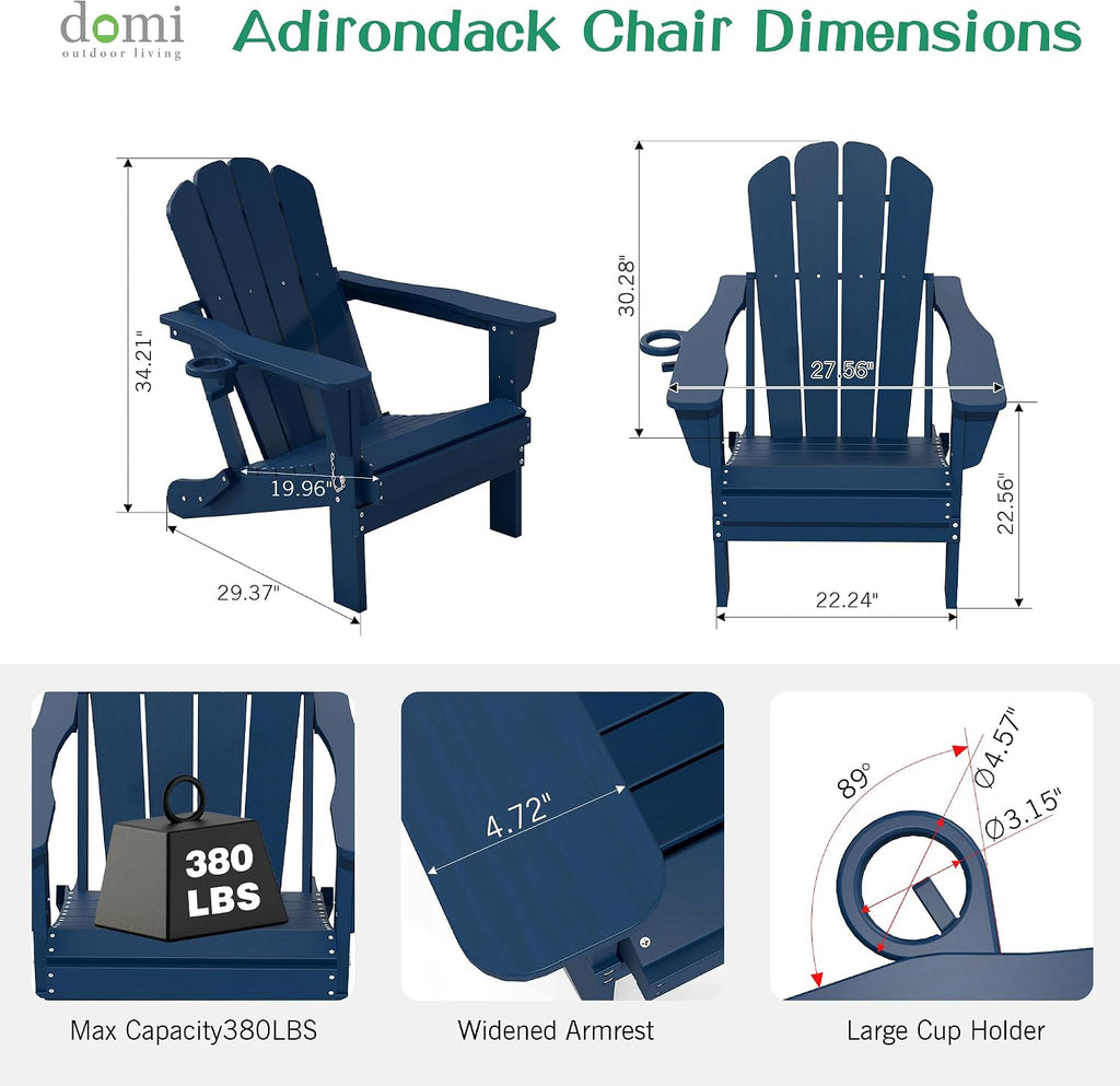 Domi Folding Adirondack Chair Set of 2, HDPE All-Weather Adirondack Chairs with Cup Holder, Outdoor Plastic Fire Pit Chairs Wood Texture for Poolside, Patio, Backyard, Deck (Blue)