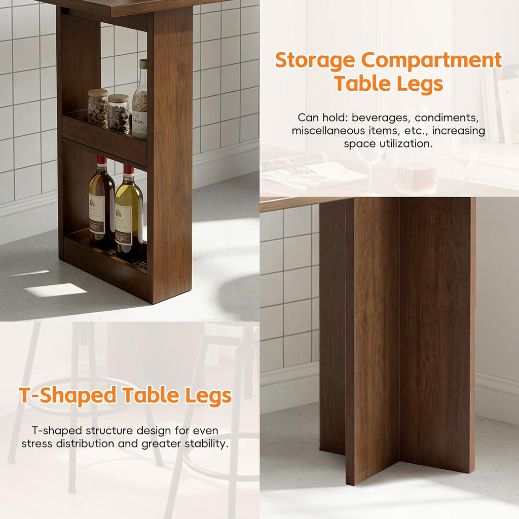 Solid Wood Bar Table with Storage Shelf, 1" Thick Counter Height Pub Table, T-Shaped Stable Legs, Narrow Long Bar Table for Kitchen, Dining, Living Room etc.