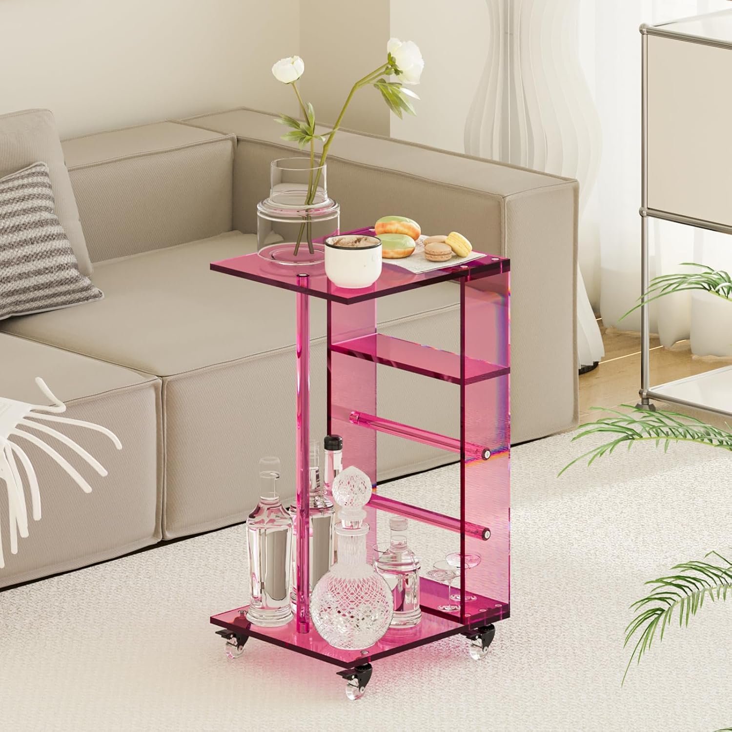 Dethan Clear Acrylic C Shaped Side Table with Wheels – Small Modern End Table, Rolling Coffee Snack Table for Living Room, Bedroom, Sofa, Bedside, Pink