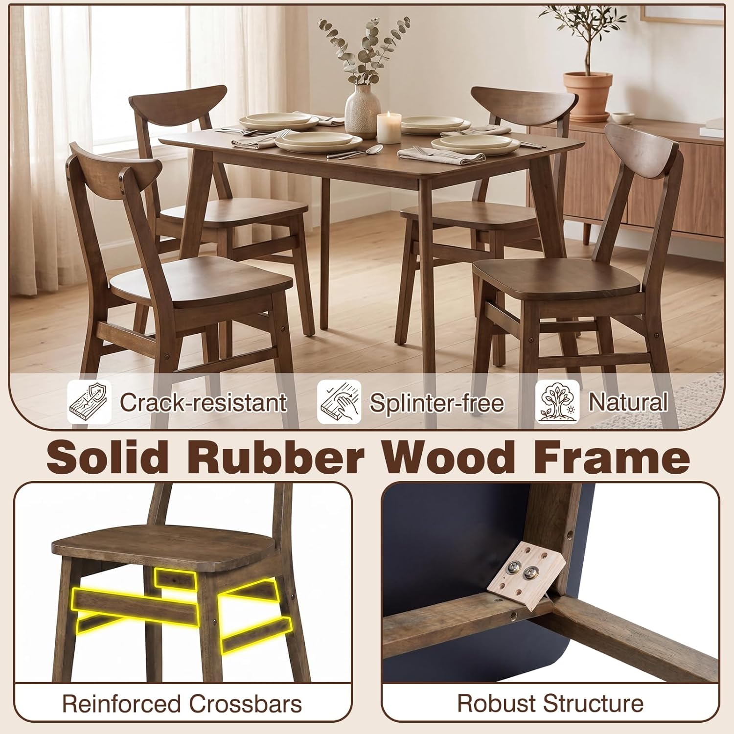 Giantex 5-Piece Dining Table Set for 4, Mid-Century Modern Kitchen Table and Chairs Set with Solid Rubber Wood Frame, Wooden Dinette Set for Small Space, Dining Room, Breakfast Nook