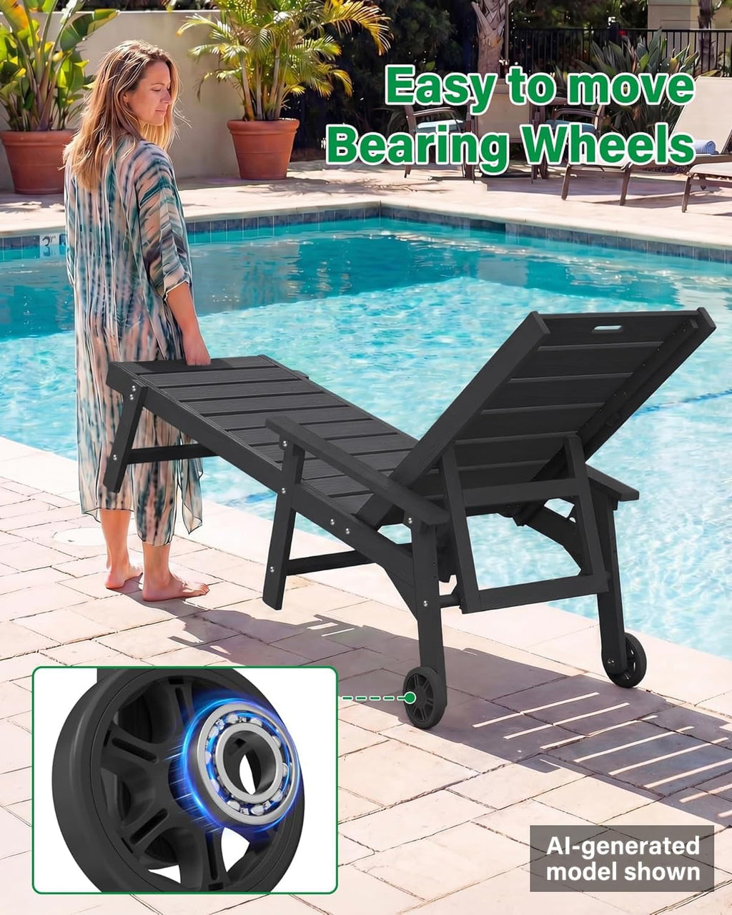 YEFU Lounge Chair Outdoor Set of 2: Outdoor Chaise Lounge with 5-Level Adjustable Backrest, Cup Holders & Wheels, All-Weather Resistance Chaise Lounge for Outside/Patio/Beach/Deck, Black