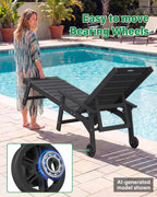 YEFU Lounge Chair Outdoor Set of 2: Outdoor Chaise Lounge with 5-Level Adjustable Backrest, Cup Holders & Wheels, All-Weather Resistance Chaise Lounge for Outside/Patio/Beach/Deck, Black