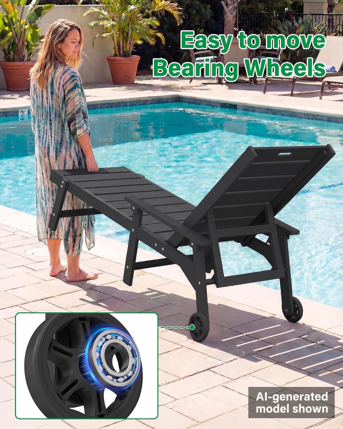 YEFU Lounge Chair Outdoor Set of 2: Outdoor Chaise Lounge with 5-Level Adjustable Backrest, Cup Holders & Wheels, All-Weather Resistance Chaise Lounge for Outside/Patio/Beach/Deck, Black