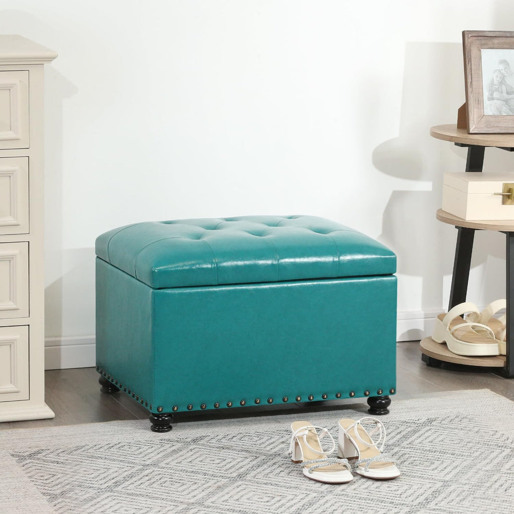 Joveco Leather Storage Ottoman, 24" Rectangle Tufted Upholstered Bench, Foot Rest Stool with Wood Legs, Footstool for Living Room, Bedroom