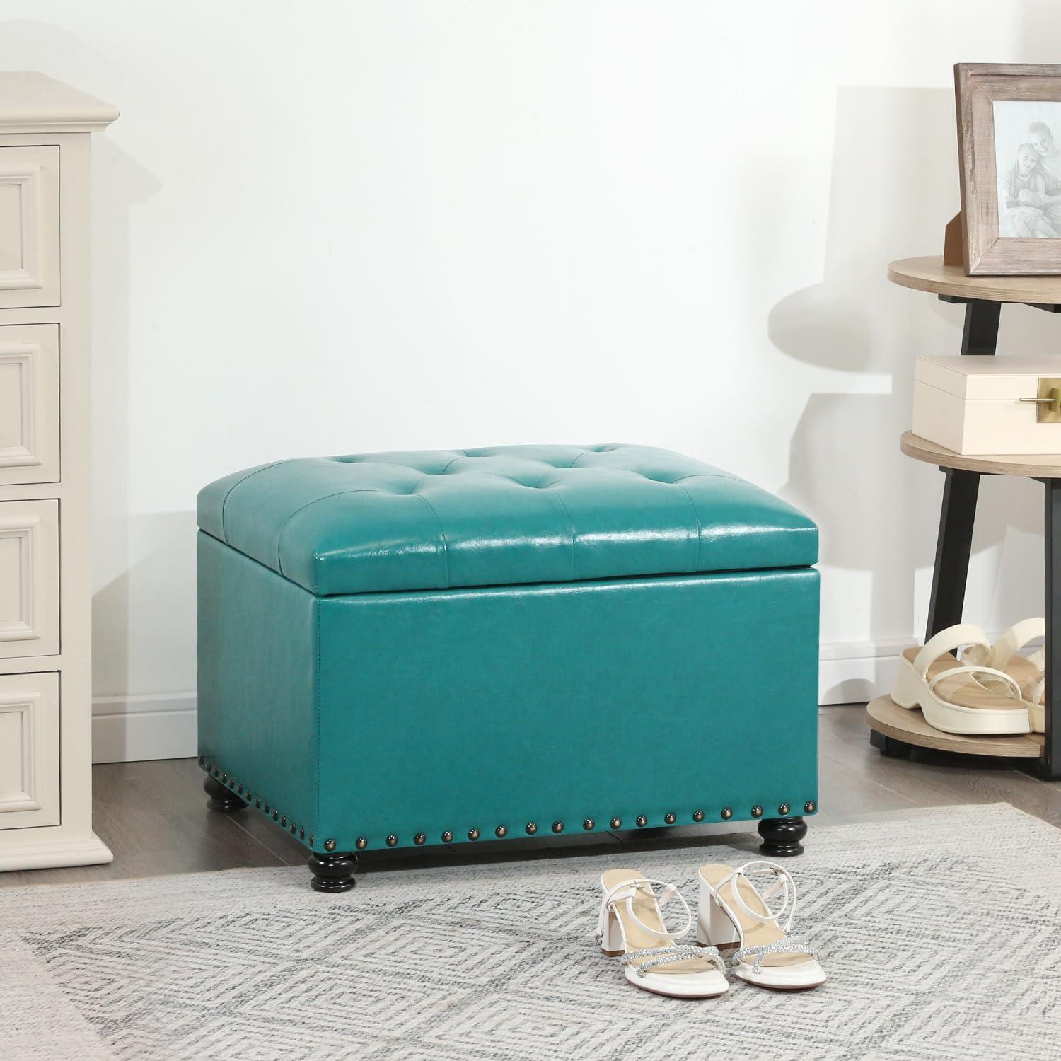 Joveco Leather Storage Ottoman, 24" Rectangle Tufted Upholstered Bench, Foot Rest Stool with Wood Legs, Footstool for Living Room, Bedroom