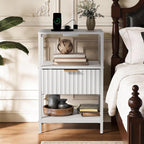 Bonnlo Fluted Nightstand with Charging Station, End Table with Fabric Drawer, Night Stand with Storage Shelf & Handle, Fluted Side Table for Bedroom/Living Room, White