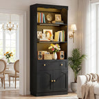 Cyclysio 80" Tall Pantry Cabinet with Motion Sensor LED Lights, Kitchen Storage Cabinet for Coffee Bar and Dining Room, Tall Bookshelf with 3.15" Baseboard Cutout, Drawer and Cupboard, Black