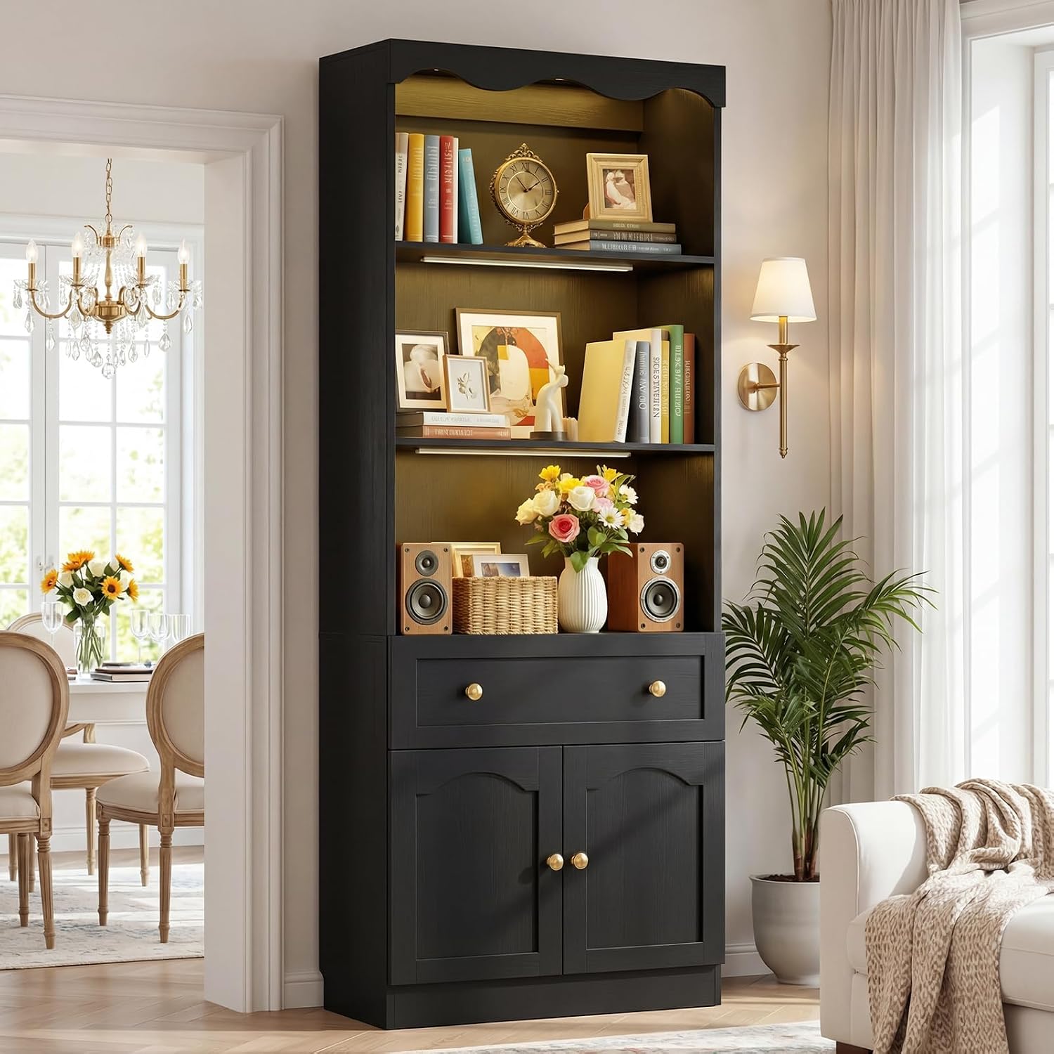 Cyclysio 80" Tall Pantry Cabinet with Motion Sensor LED Lights, Kitchen Storage Cabinet for Coffee Bar and Dining Room, Tall Bookshelf with 3.15" Baseboard Cutout, Drawer and Cupboard, Black