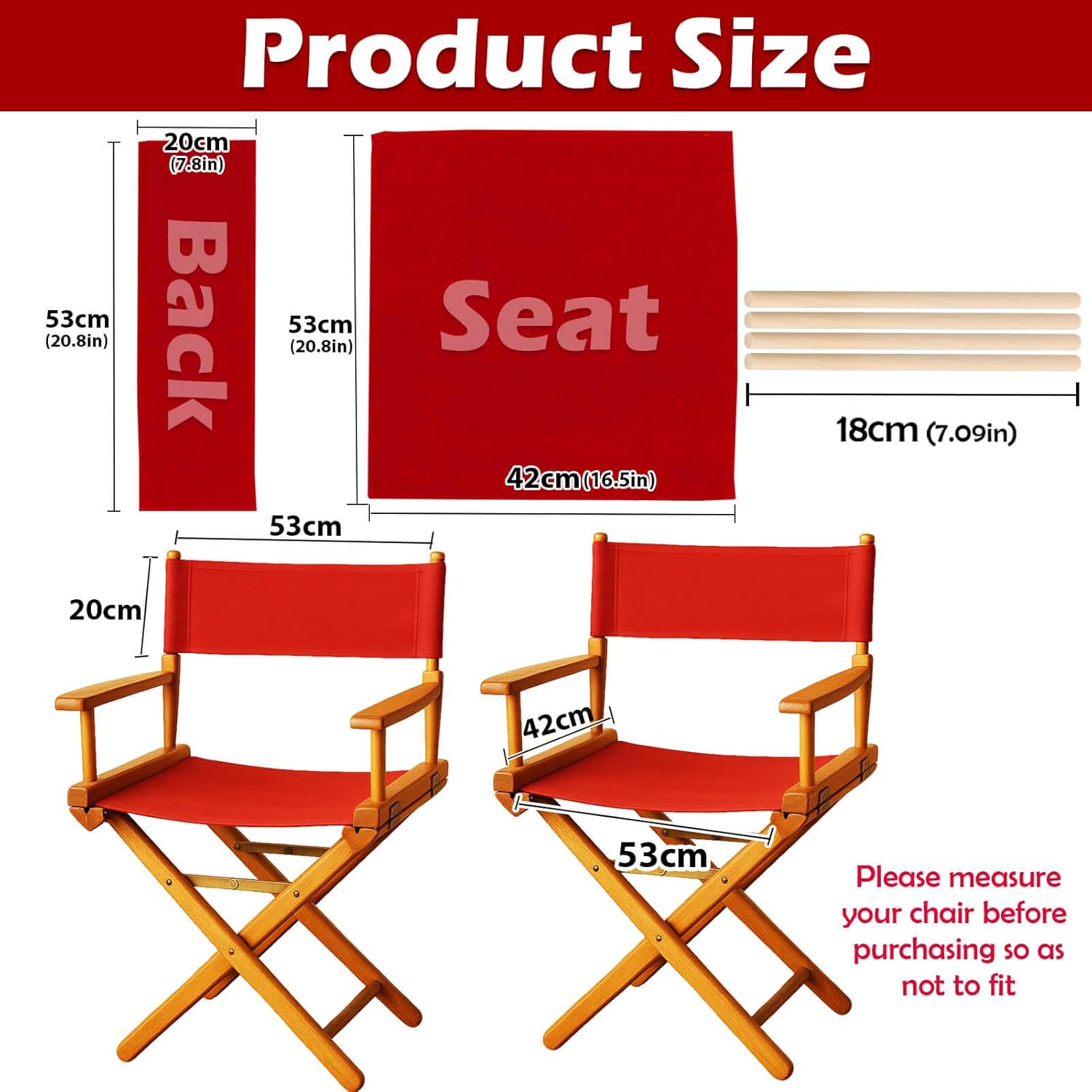STAY GENT Director's Chair Canvas Replacement Kit 21" L x 8" W - 21" L x 16.5" W Replacement Canvas Durable Cotton Canvas Seat & Back Covers for Home,Model Artist,Makeup,Show Dressing Room, 1 Set Red