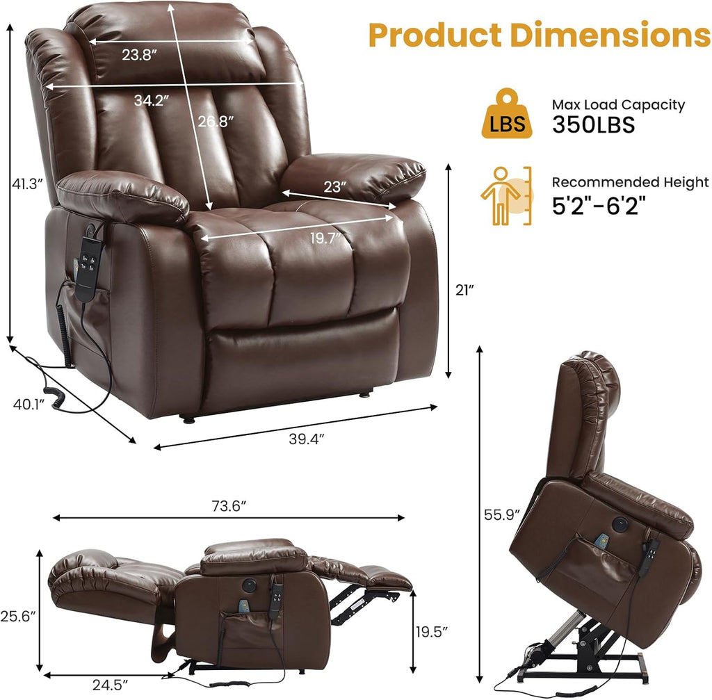 PARKOL Dual Motor Power Lift Recliner Chair for Elderly, 180-Degree Infinite Position Lay Flat Leather Recliner Chairs, with Massage and Heating, USB & Type-C Port and Remote Brown