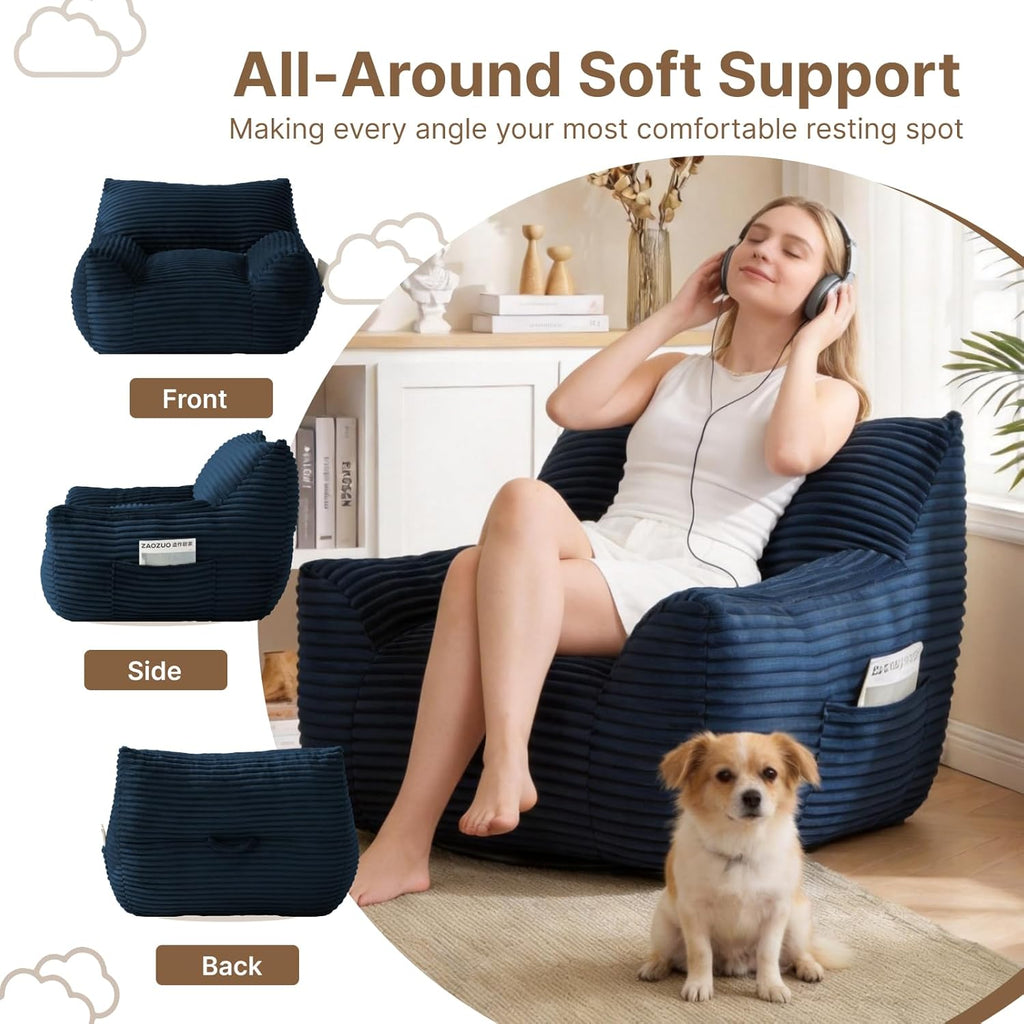 Bean Bag Chair for Adults & Kids, Giant Bean Bag Sofa with Side Pocket, Corduroy Beanbag Chair with Armrests, Comfy Stuffed Floor Sofa for Living Room Bedroom Dorm, Blue