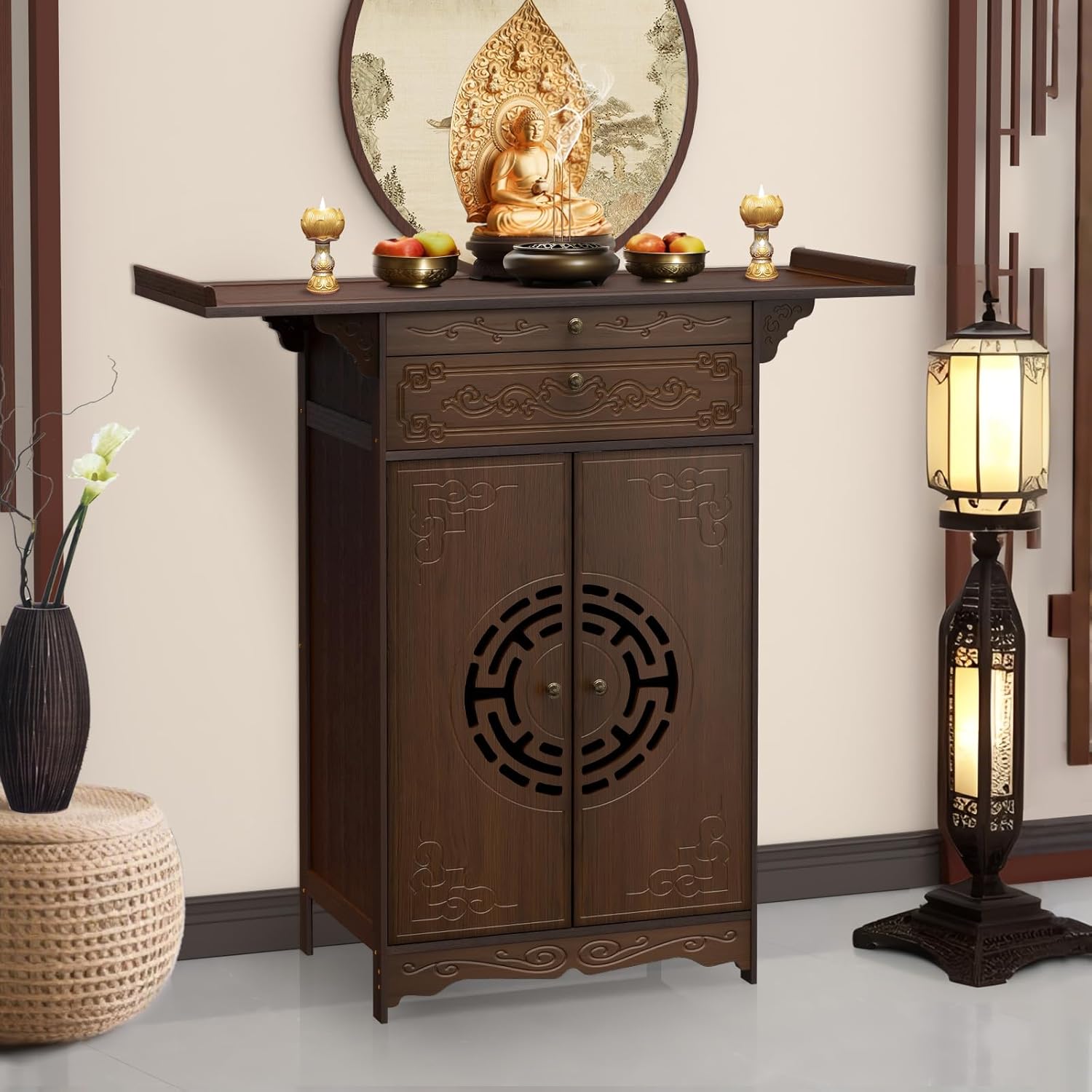 Altar Table with Storage for Meditation and Prayer, Bamboo Buddhist Chinese Altar Cabinet with Carved Corner Flowers, Zen Shrine Table for Floor, Meditation Table for Home Decor, Incense and Pray