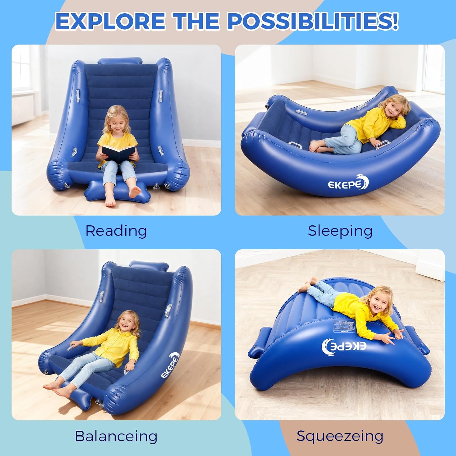EKEPE Sensory Rocking Chair for Kids, Inflatable Sensory Rocker with Electric Air Pump for Autistic ADHD Children, Air Cloud Autism Chair - Soft, Comfy & Heavy Duty - Blue