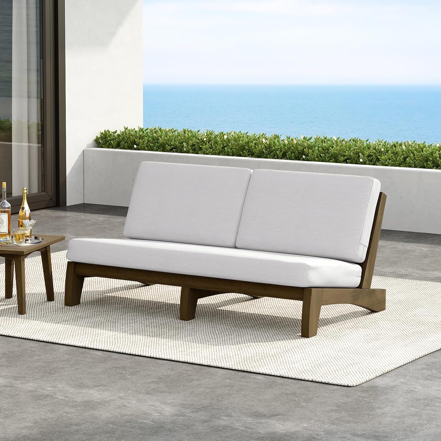 Outdoor Furniture Patio Couch, Weather Resistant 3-Seater Patio Sofa with Removable Cushion, Teak Wood Frame for Porch & Backyard Seating - Beige