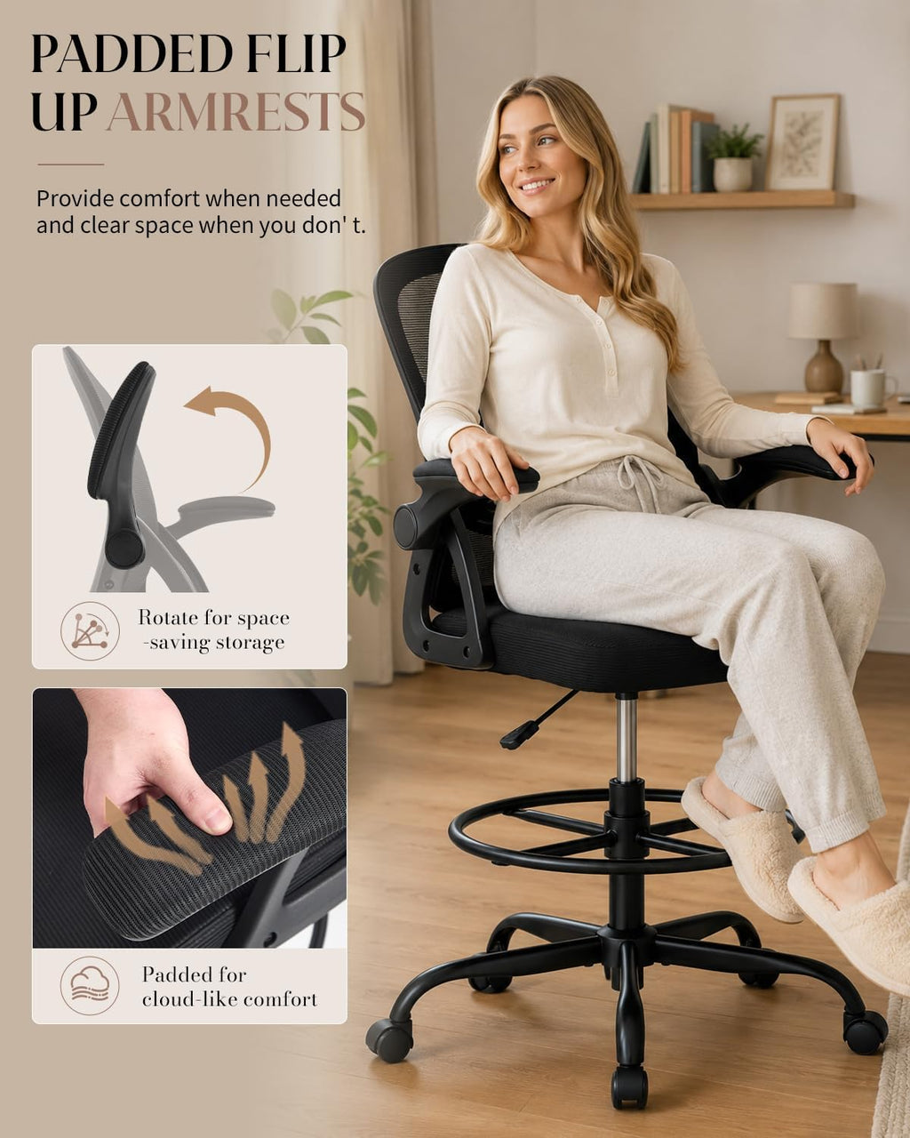 Drafting Chair with Tall Office Chair for Standing Desk | Flip-up Armrests, Adjustable Lumbar Support, Height‑Adjustable Footrest Ring & Seat, Ergonomic Tall Desk Chair