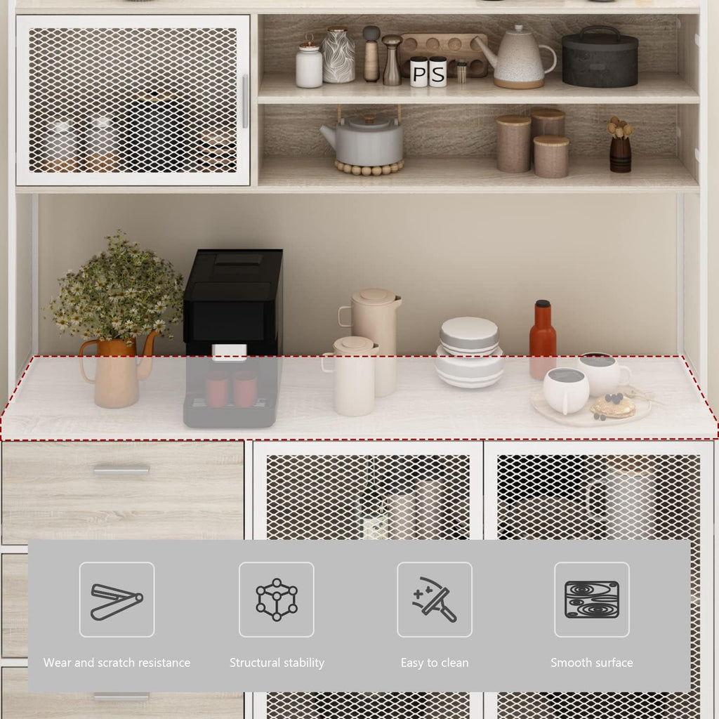 AGOTENI Large Kitchen Hutch Cabinet, Storage Cupboard Pantry with 3 Metal Doors, 3 Drawers & Microwave Shelf, for Kitchen Open Storage, Oak (59" W x 15.7" D x 68.5" H)
