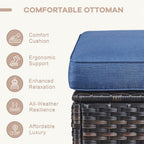 Patio Ottomans Set of 2 Outdoor Ottomans Wicker Foot Stools 2 Piece Footrest PE Rattan Ottomans with Thickened Cushions for Patio Garden Porch Balcony Poolside Deck, Brown|Blue
