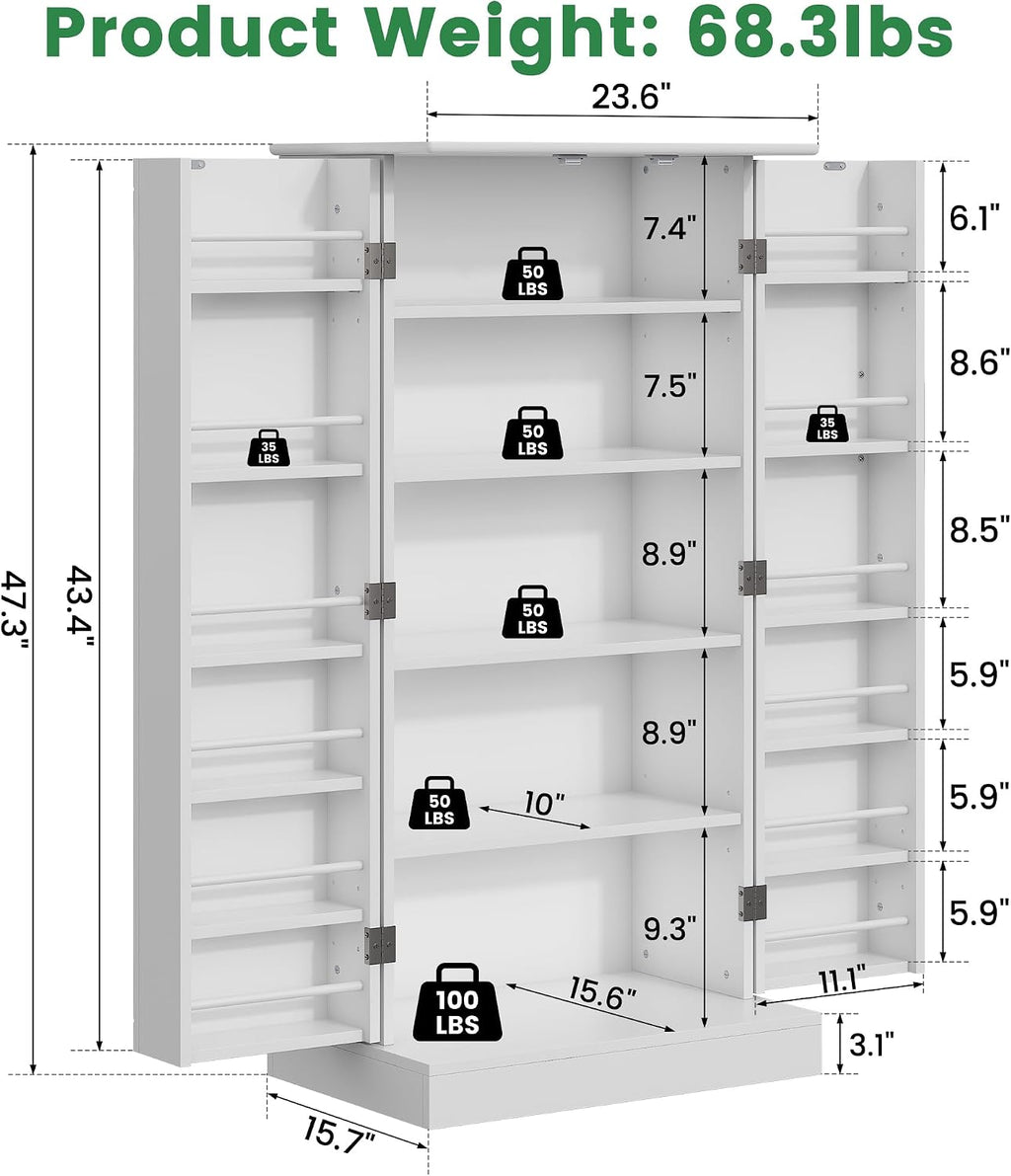kepptory Kitchen Pantry Cabinet 47" H, Farmhouse Storage Cabinet with Adjustable Shelves and Drawer, Buffet Cupboards Sideboard for Kitchen, Dining Room, Living Room (White, 16" D x 24" W x 47" H)
