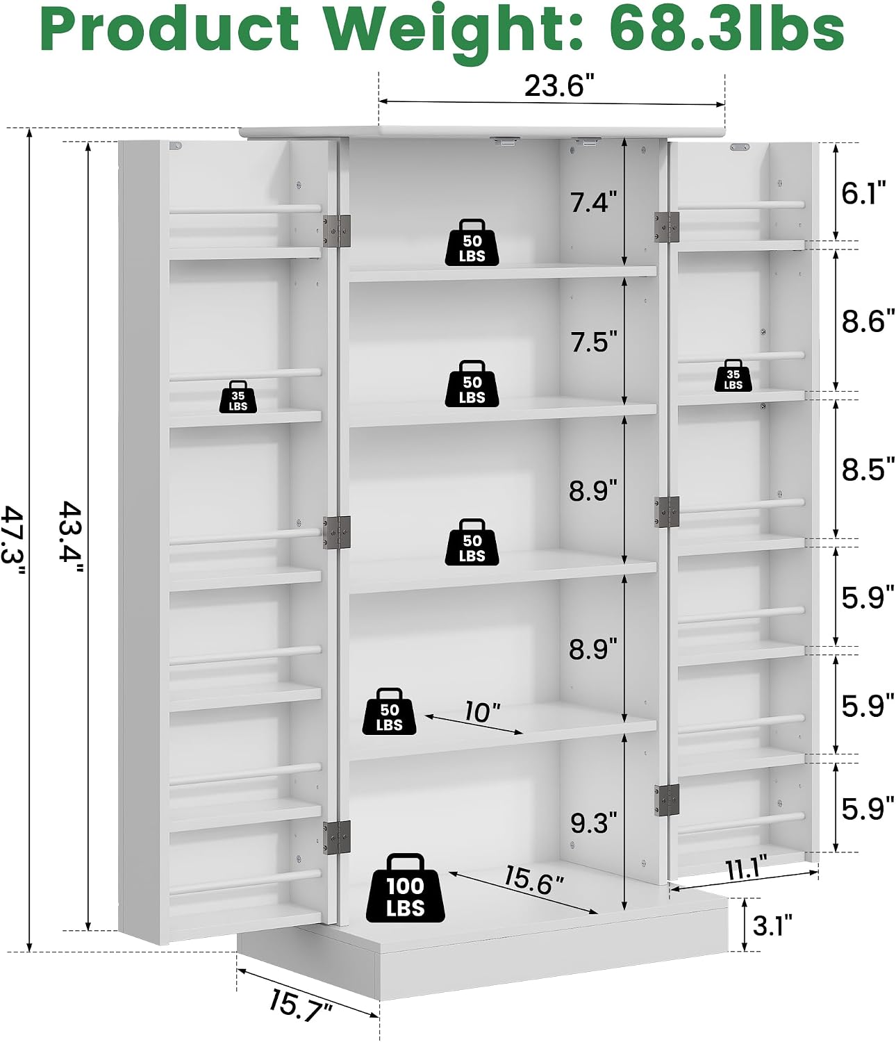 kepptory Kitchen Pantry Cabinet 47" H, Farmhouse Storage Cabinet with Adjustable Shelves and Drawer, Buffet Cupboards Sideboard for Kitchen, Dining Room, Living Room (White, 16" D x 24" W x 47" H)