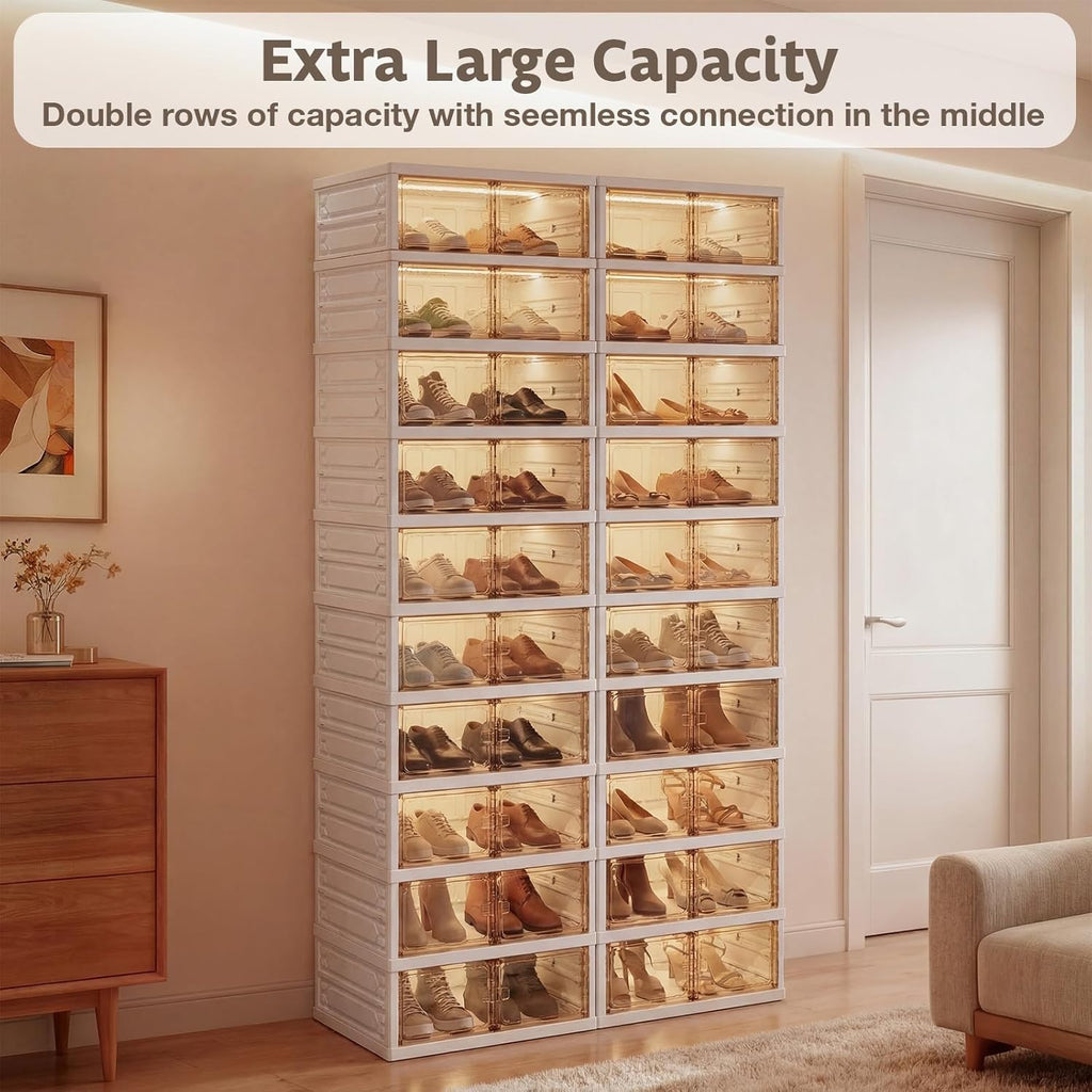 10-Tier Foldable Shoe Rack Organizer, 40 Pairs Stackable & Collapsible Shoe Cabinet with Transparent Doors & Leather Handles, Space-Saving Storage for Closet, Kitchen, Cabinet (No Boots Tier)