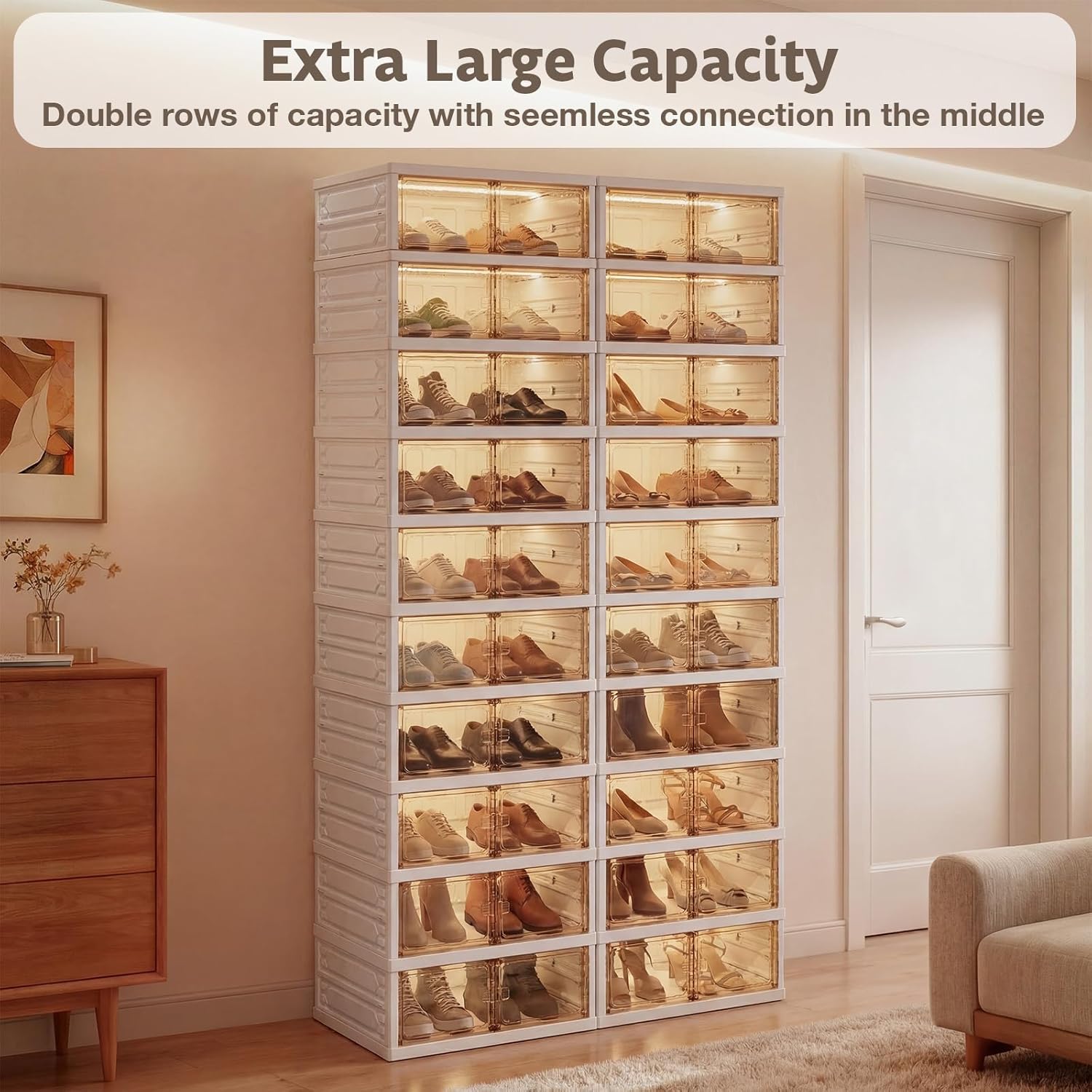 10-Tier Foldable Shoe Rack Organizer, 40 Pairs Stackable & Collapsible Shoe Cabinet with Transparent Doors & Leather Handles, Space-Saving Storage for Closet, Kitchen, Cabinet (No Boots Tier)