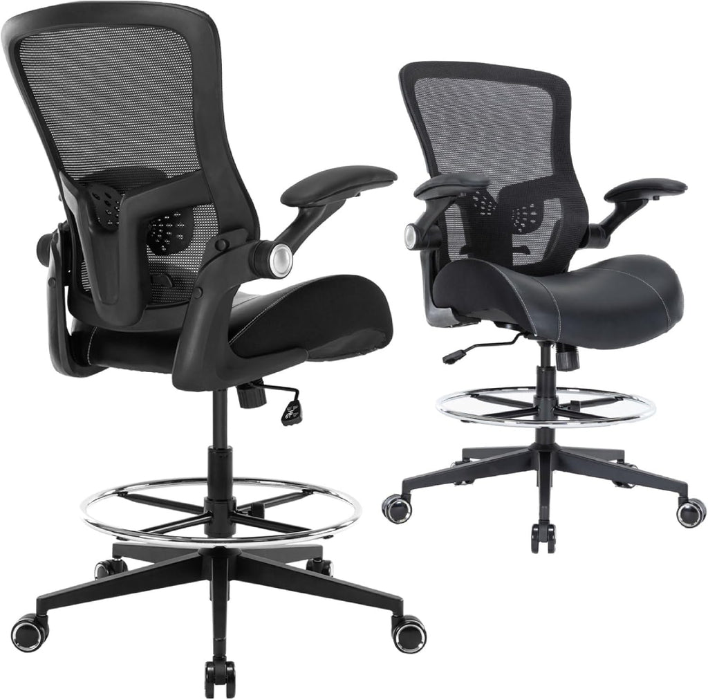 Drafting Chair, Tall Office Chair with PU Leather Seat, Standing Desk Chair Counter Height Office Chairs with 21.65'' Footrest Ring and Adjustable Lumbar Support Armrests Black