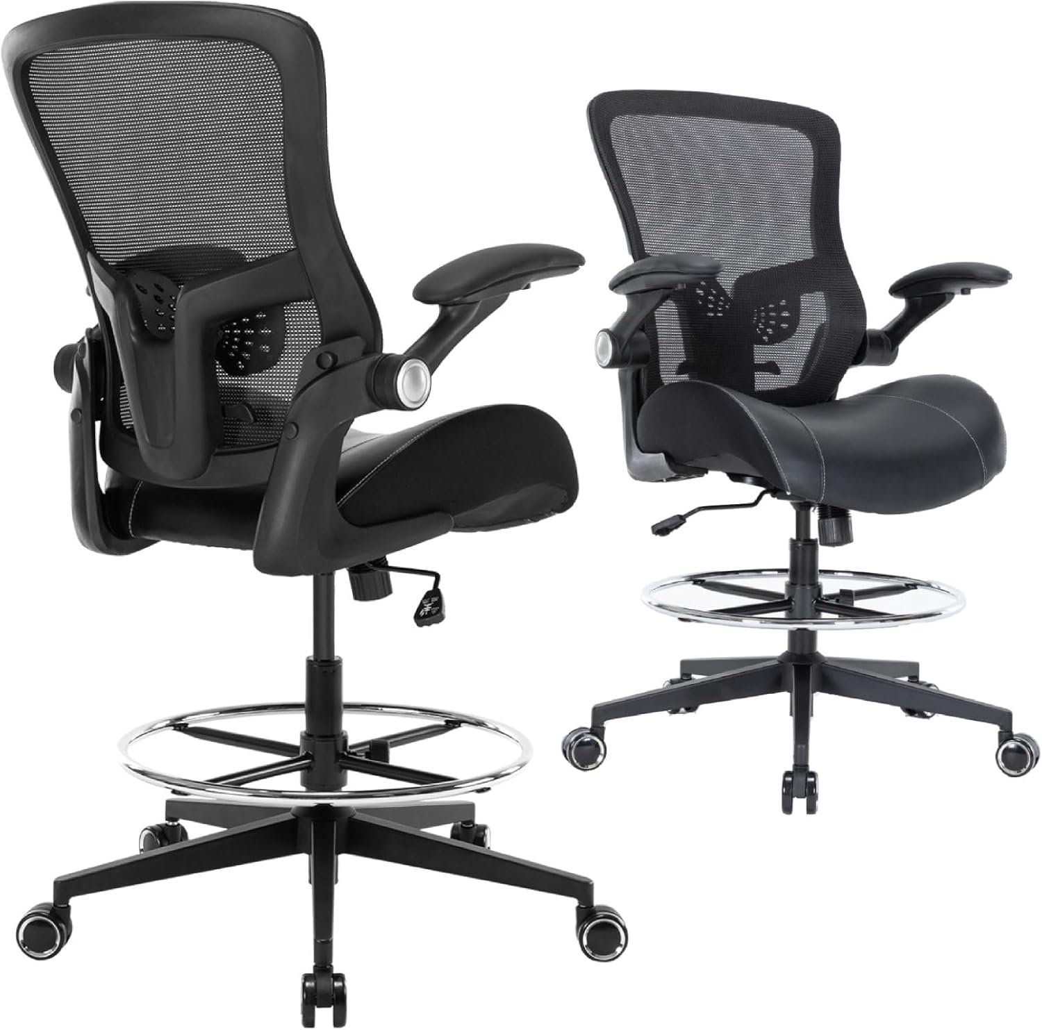 Drafting Chair, Tall Office Chair with PU Leather Seat, Standing Desk Chair Counter Height Office Chairs with 21.65'' Footrest Ring and Adjustable Lumbar Support Armrests Black