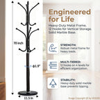 12 Hooks Metal Coat Rack Freestanding Coat Tree with Marble Base, Heavy Duty Coat Rack Stand for Clothes Hats Bags, Coat Hanger Stand for Corner Entryway Bedroom Office (Black)
