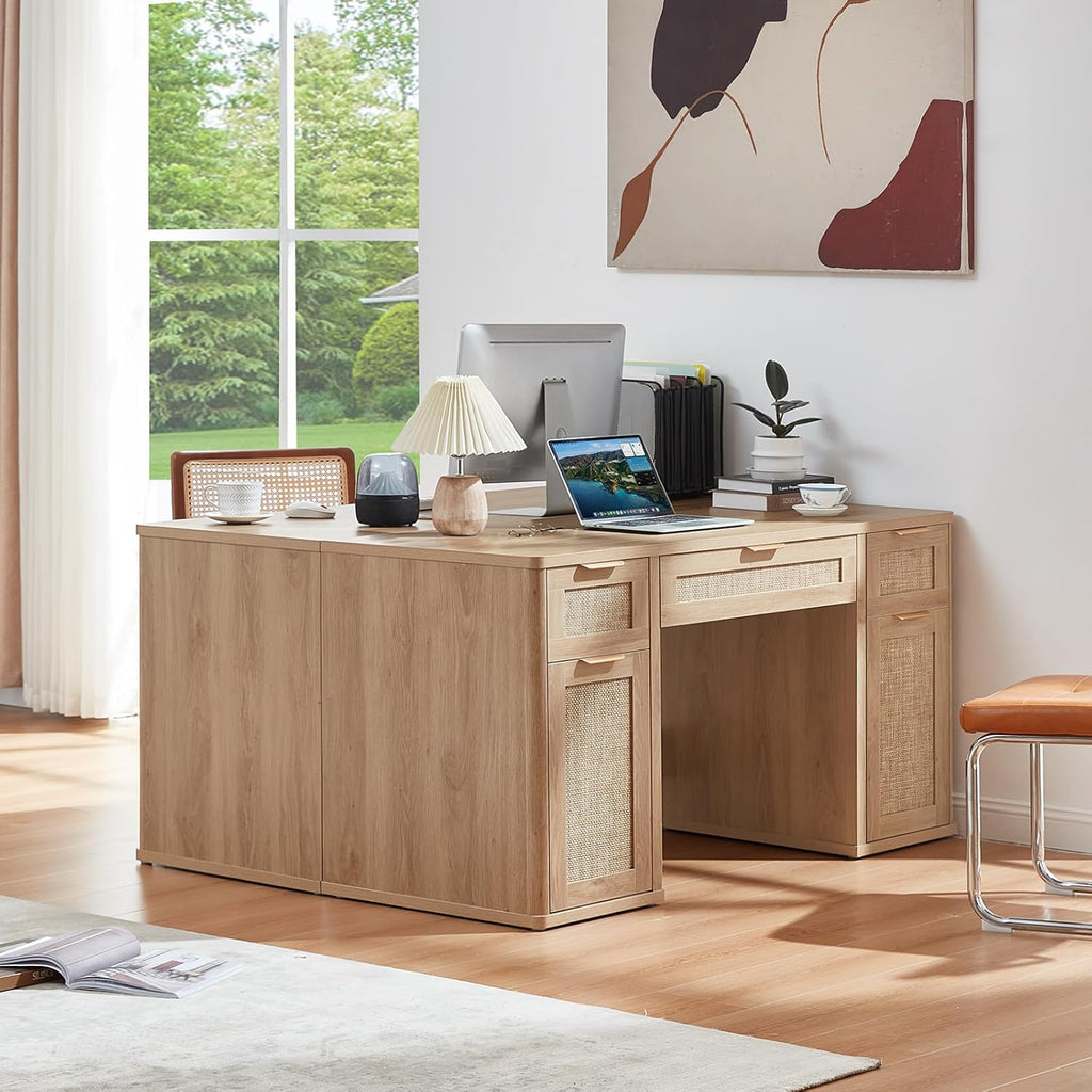 LEYAOYAO Office Desk 56" with 5 Drawers Storage File Cabinet Rattan Wood Desk for Computer Office Bedroom Home Furniture Natural