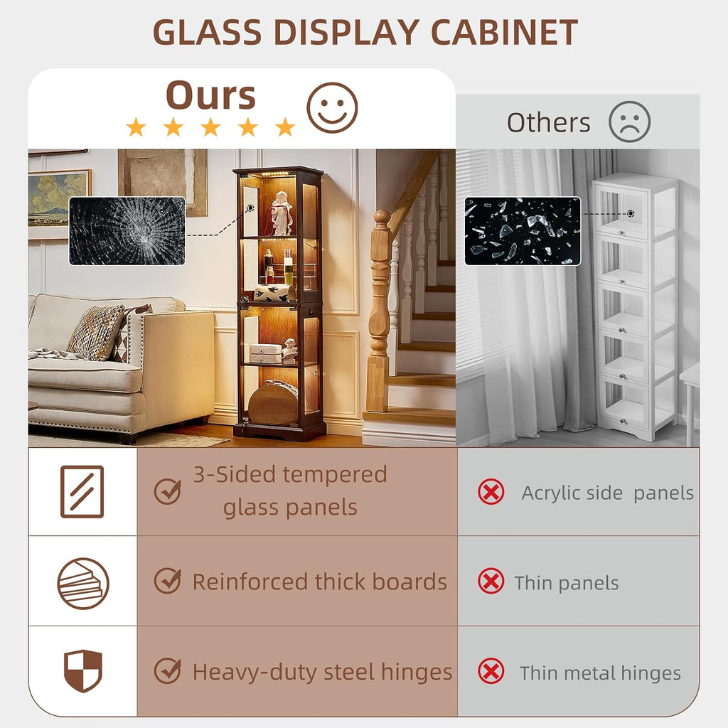 LELELINKY Farmhouse Narrow Glass Display Cabinet with Doors | Wooden Curio Cabinets with 3 Color Motion-Sensor Light & Lock, Walnut