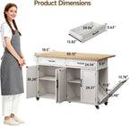 ONBRILL 55'' Kitchen Island with Storage and Solid Rubberwood Top, Kitchen Storage Island on Wheels with 2 Drawers, Rolling Island Table with Adjustable Shelves for Dining Room& Kitchen, Off White