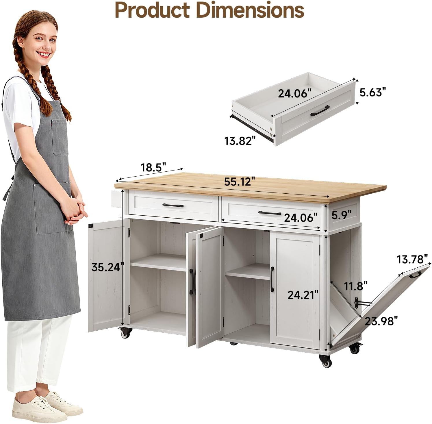 ONBRILL 55'' Kitchen Island with Storage and Solid Rubberwood Top, Kitchen Storage Island on Wheels with 2 Drawers, Rolling Island Table with Adjustable Shelves for Dining Room& Kitchen, Off White