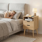 MAHANCRIS Nightstand with Charging Station and Modern Bedside Table Bundle, Natural End Table with Storage Drawers, Open Storage, Night Stand with Solid Wood Legs, for Bedroom, ETNA61E01-ETNA69E01