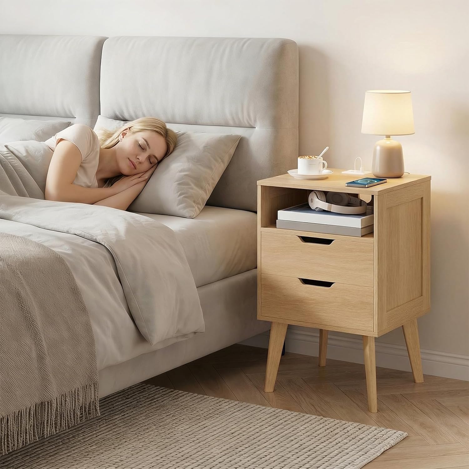 MAHANCRIS Nightstand with Charging Station and Modern Bedside Table Bundle, Natural End Table with Storage Drawers, Open Storage, Night Stand with Solid Wood Legs, for Bedroom, ETNA61E01-ETNA69E01
