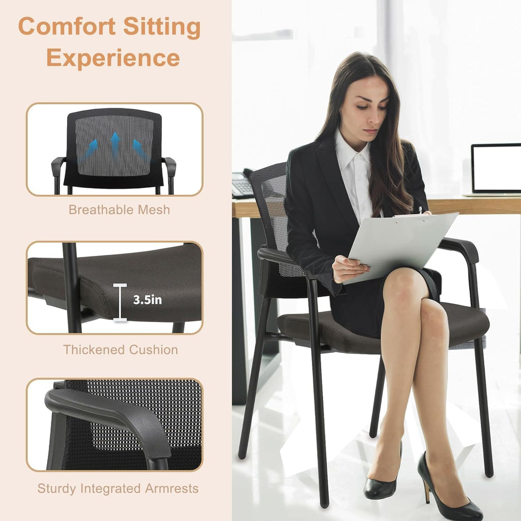 CLATINA New Classic Reception Guest Chair with Mesh Back and Armrests, Ergonomic Stacking Chair with Thickened Seat Cushion for Office Conference Waiting Room, Black (1 Pack)