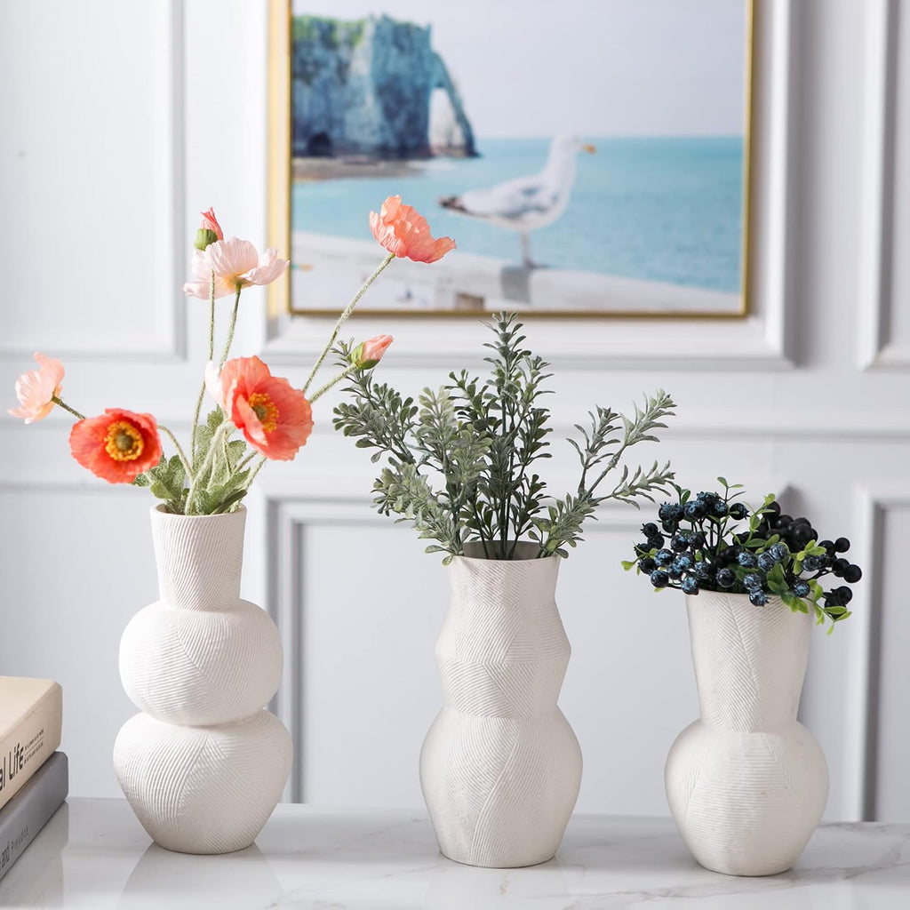 Ceramic Vases for Flowers, Matte White Ribbed Vase Set of 3, Decorative Vases for Pampas Grass, Modern Farmhouse Home Decor, Pottery for Centerpieces, Boho Vases