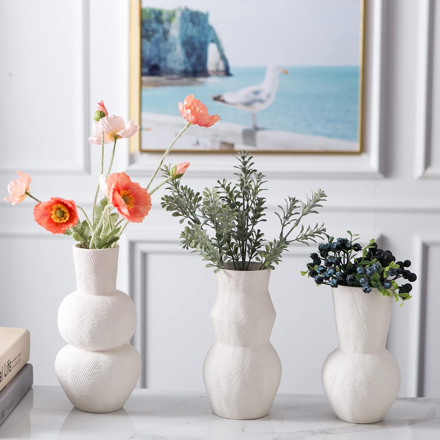 Ceramic Vases for Flowers, Matte White Ribbed Vase Set of 3, Decorative Vases for Pampas Grass, Modern Farmhouse Home Decor, Pottery for Centerpieces, Boho Vases