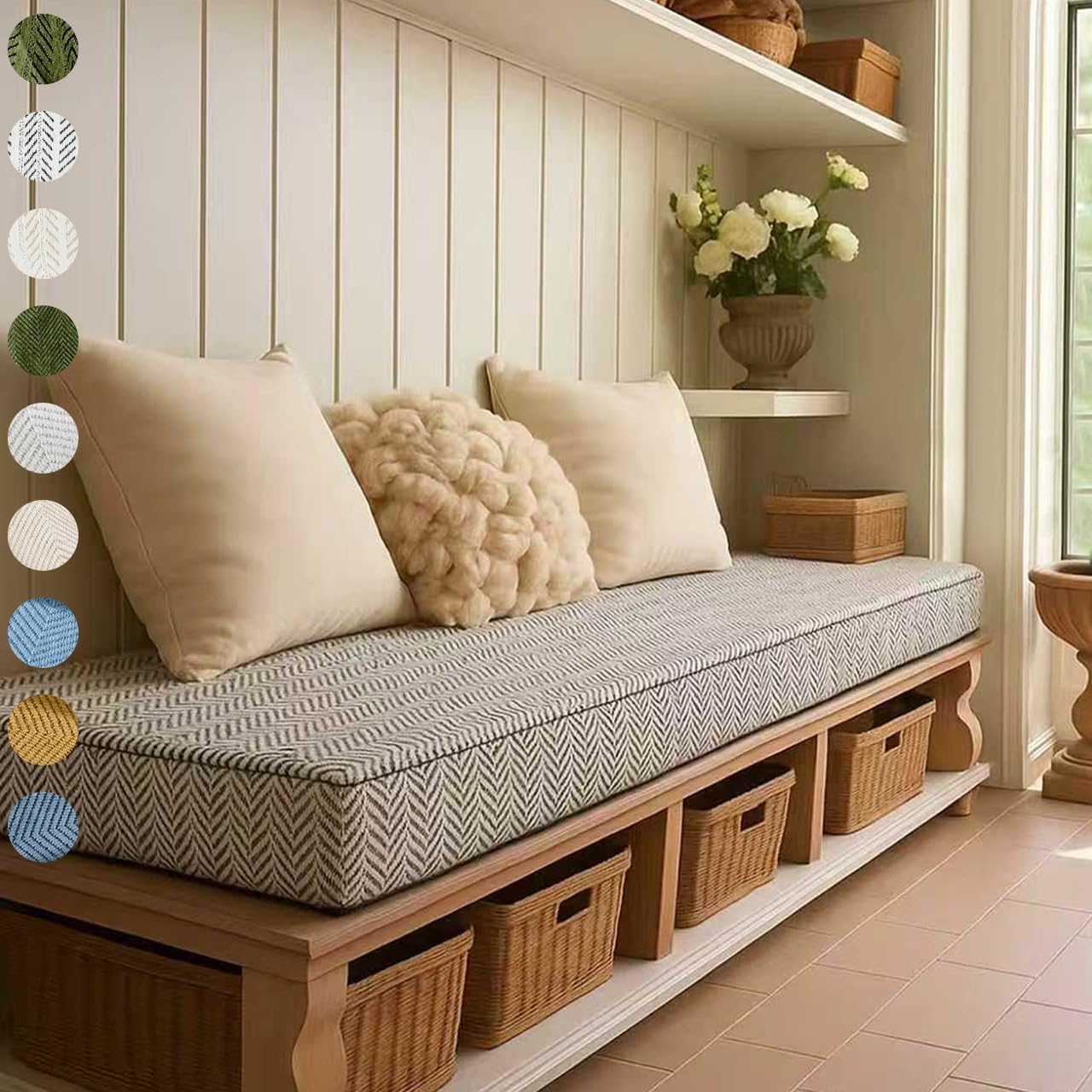 Custom Size Bench Cushion, Custom Bench Cushions for Indoor Furniture, 75D Foam Furniture Window Seat Cushion, Breakfast Nook, Mudroom, Banquette Bench Cushion, Non-Slip Bottom, Pipe Design