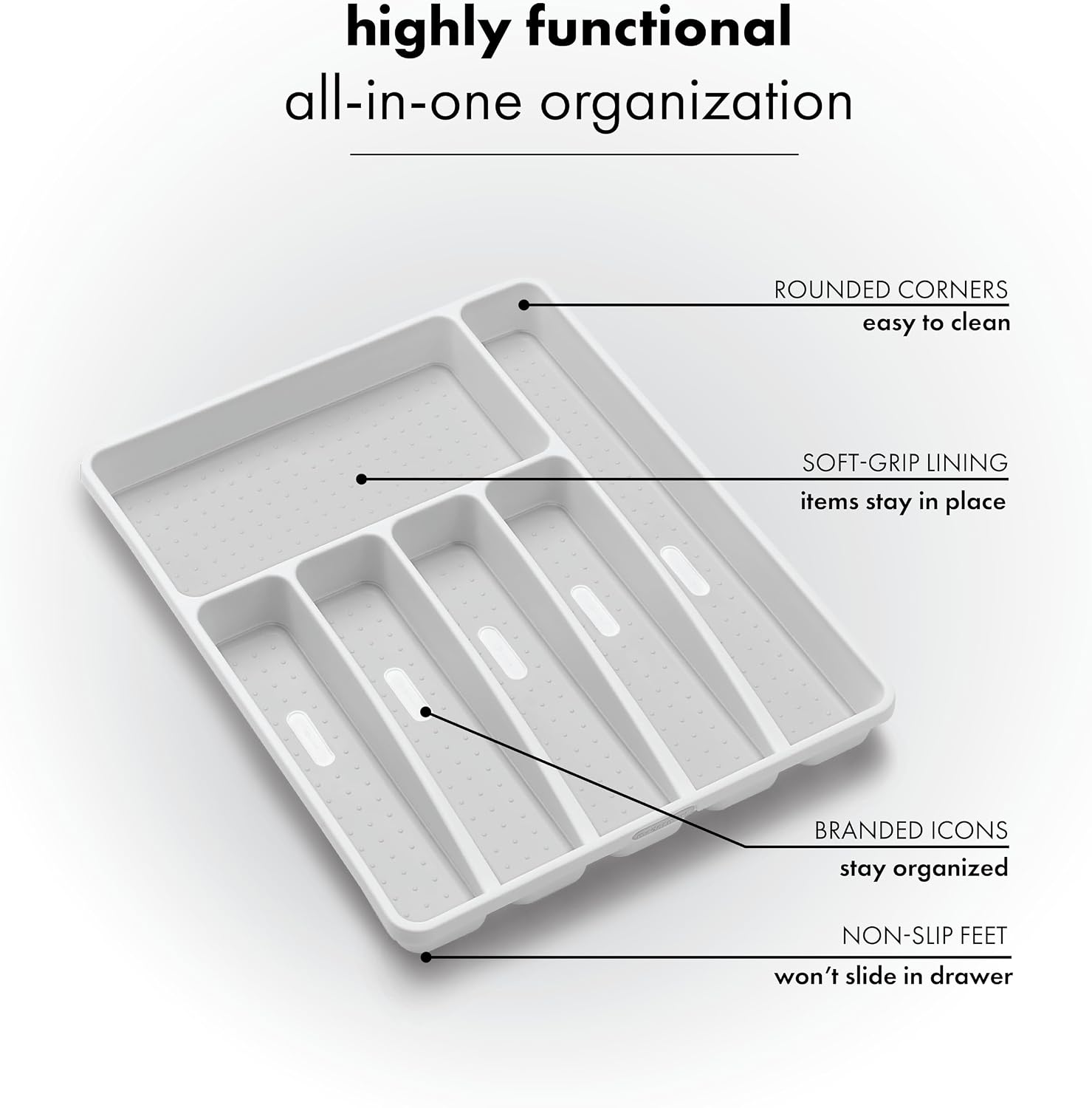 madesmart Classic Large Silverware Tray - White |Classic Collection | 6-Compartments| Kitchen Drawer Organizer | Soft-Grip Lining and Non-Slip Rubber Feet | BPA-Free (Pack of 6)