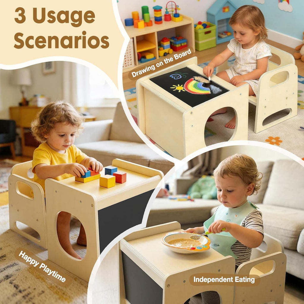 GVOO Montessori Weaning Table and Chair Set, 3 Adjustable Height Toddler Table and Chair Set with Drawing Board, for Eating, Playing and Reading, Baby Proofing Design, Gifts for Kids