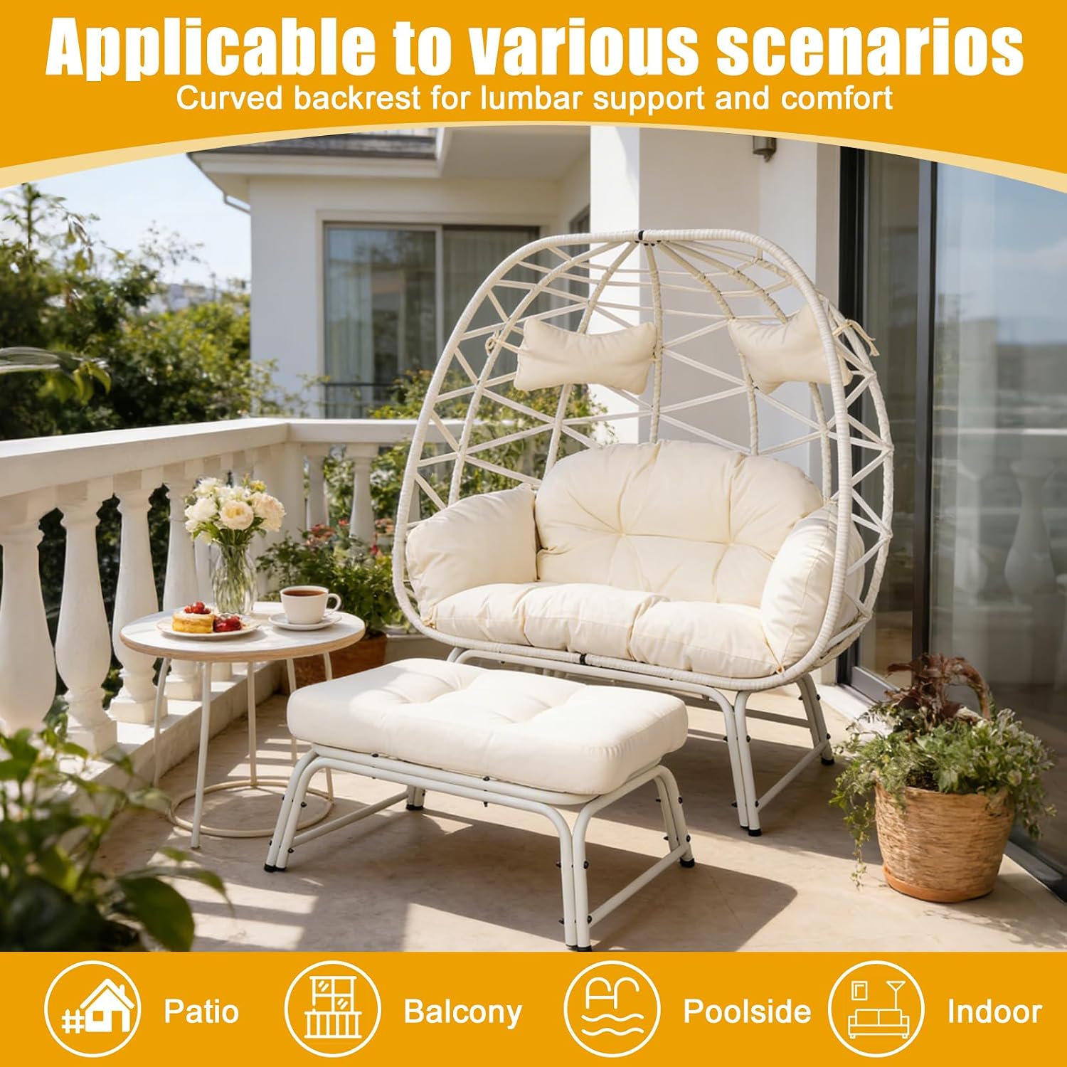 Double Wicker Egg Chair with Ottoman Oversized 2 Person Egg Basket Lounge Chair with Cushion & Footrest, Indoor Outdoor Boho Style Double Egg Chair for Patio Balcony Living Room, White-White