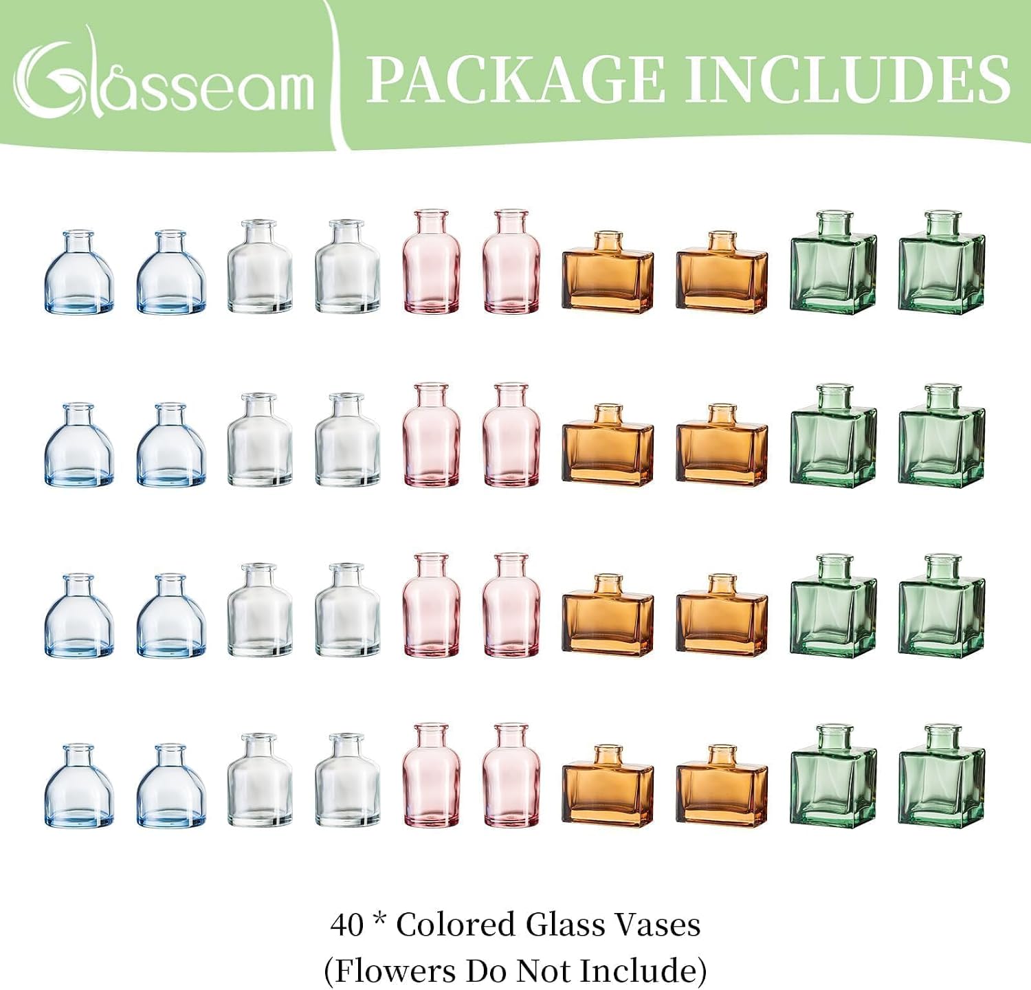 Glasseam Mini Bud Vases in Bulk 40: Colored Small Flower Vases for Centerpieces, Cute Tiny Glass Table Centerpiece for Flowers - Modern Wedding Decorations for Living Room Kitchen Baby Showers