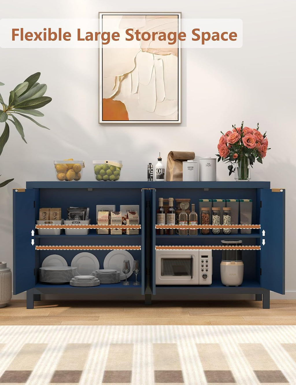 58" Modern Fluted Sideboard Buffet Cabinet with Storage, Modern Credenza with Arched Doors, Coffee Bar Table, Wood Media TV Console Table Credenza for Living Room Hallway Entryway (Blue)