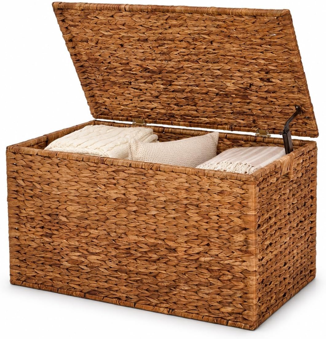 Storage Trunk w/Lid & Handles,Hand-Woven Water Hyacinth Storage Trunk,Wicker Storage Chest, Storage Bench, Wedding Trunk, for Living Room, Bedroom (Brown)