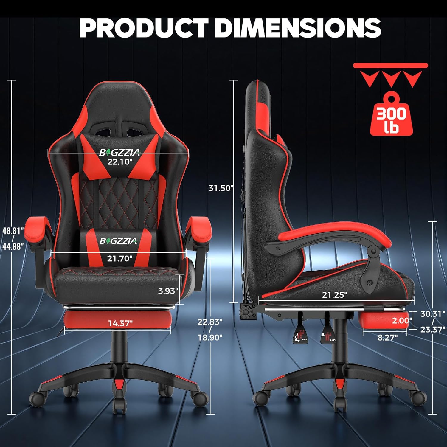 Bigzzia Gaming Chair with Footrest, Ergonomic Computer Chair with Breathable Cushion, Adjustable Headrest, Lumbar Support, 90°-135° Recline Gaming Chairs for Adults, Black Red