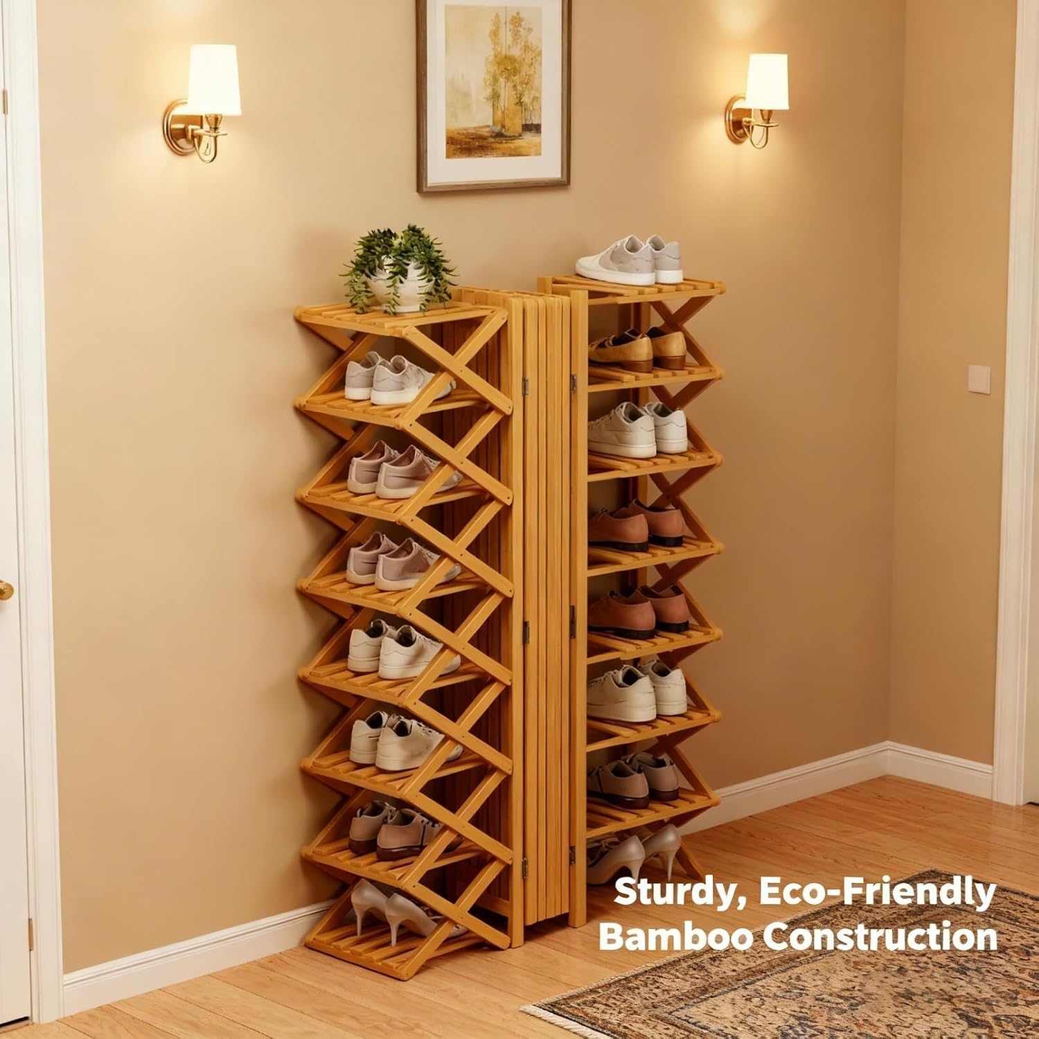 9-Tier Pre-Assembled Bamboo Storage Rack — A Space-Saving Shoe Organizer Perfect for Entryways, Closets, and Dorm Rooms.