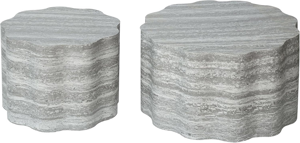23.6''+26.7'' Set of 2 Faux Mars Pattern Round Coffee Tables, Modern Mini Side Tables Accent End Table for Apartment, Office, Living Room, (Beige Grey)
