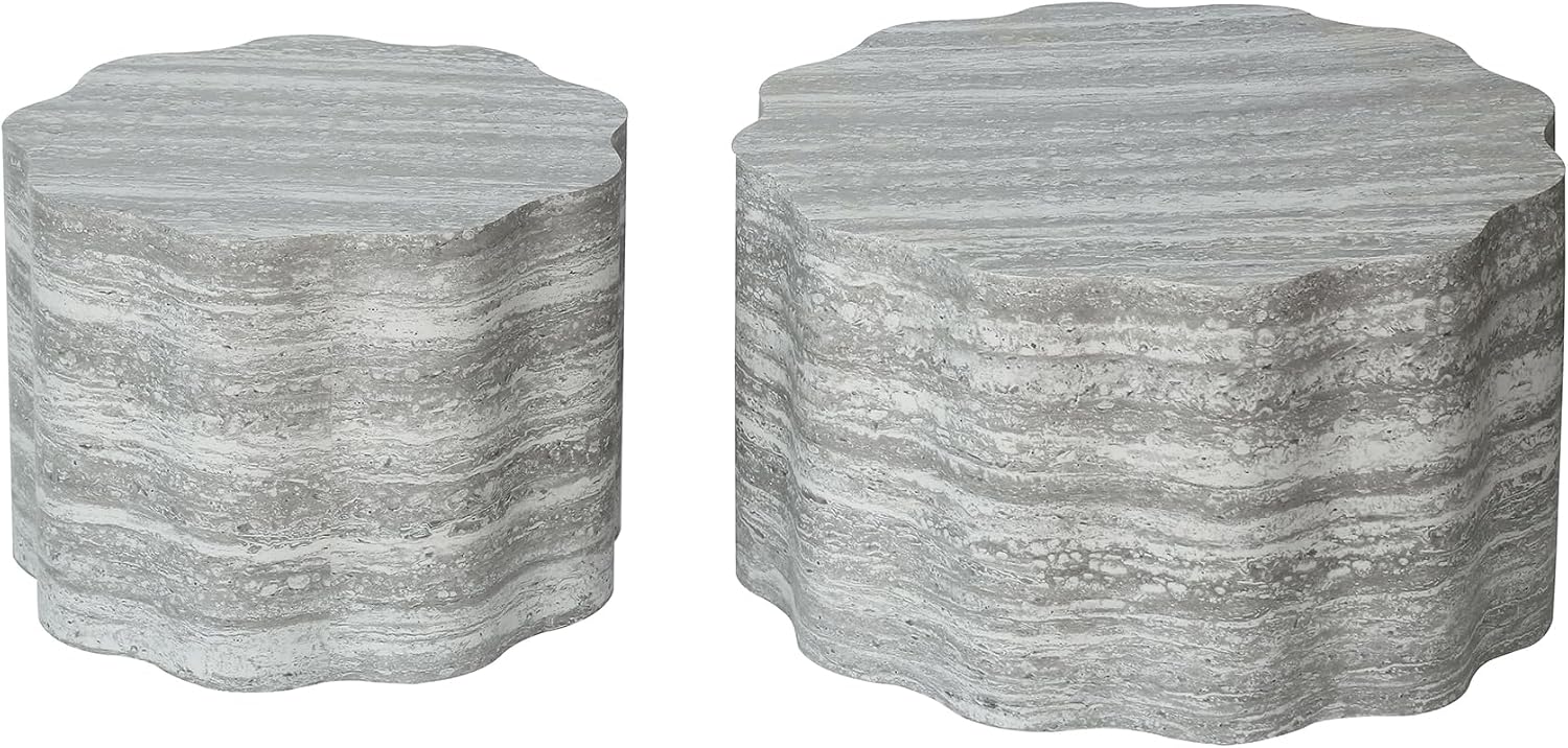 23.6''+26.7'' Set of 2 Faux Mars Pattern Round Coffee Tables, Modern Mini Side Tables Accent End Table for Apartment, Office, Living Room, (Beige Grey)