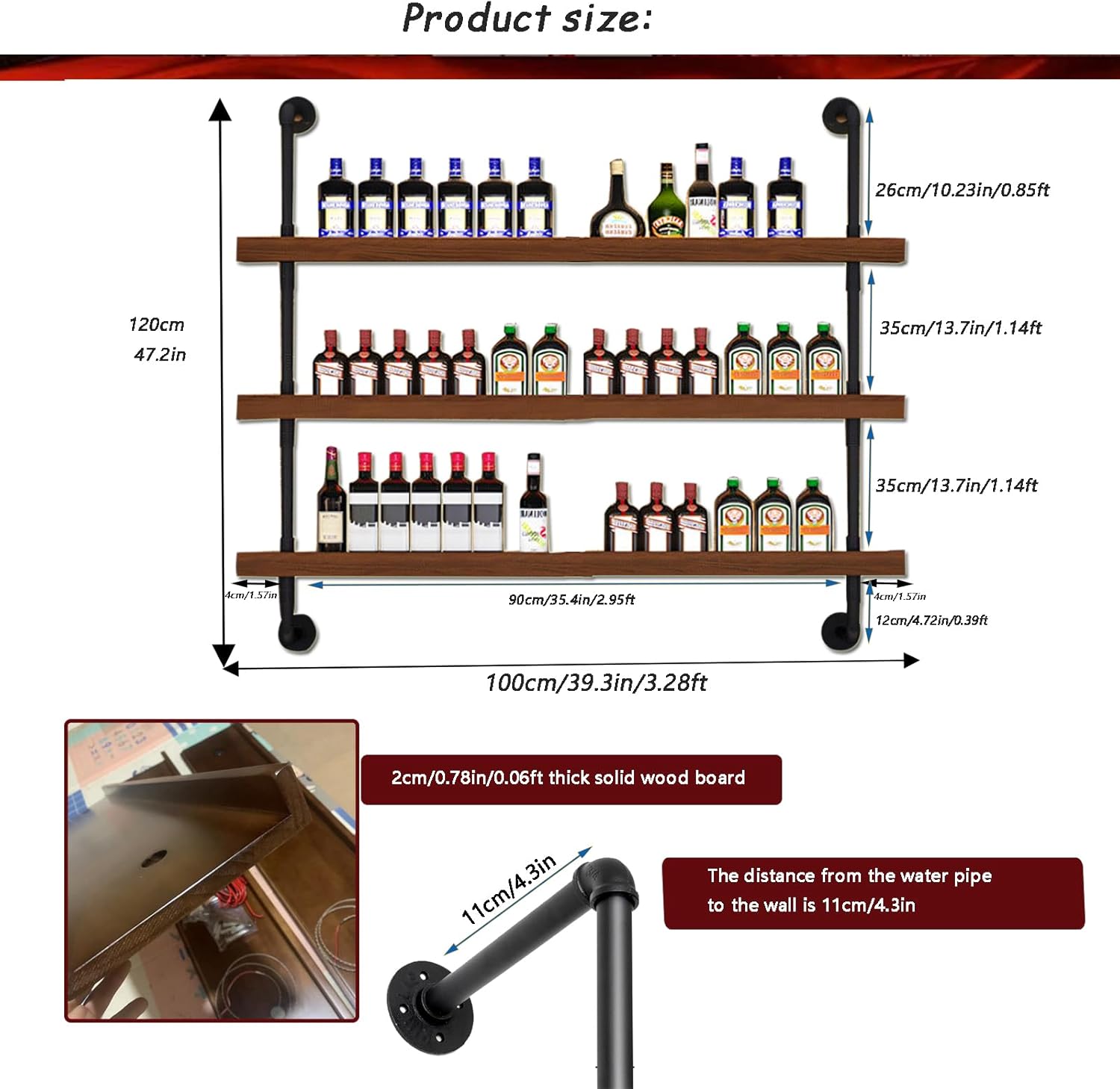 Large Wine Rack with LED Light Solid Wood Wall Mounted Wine Rack, 3-Tiers Liquor Bottles Floating Shelves Display Storage Organizer for Home Bar & Dining Room (80cm/31.4in)